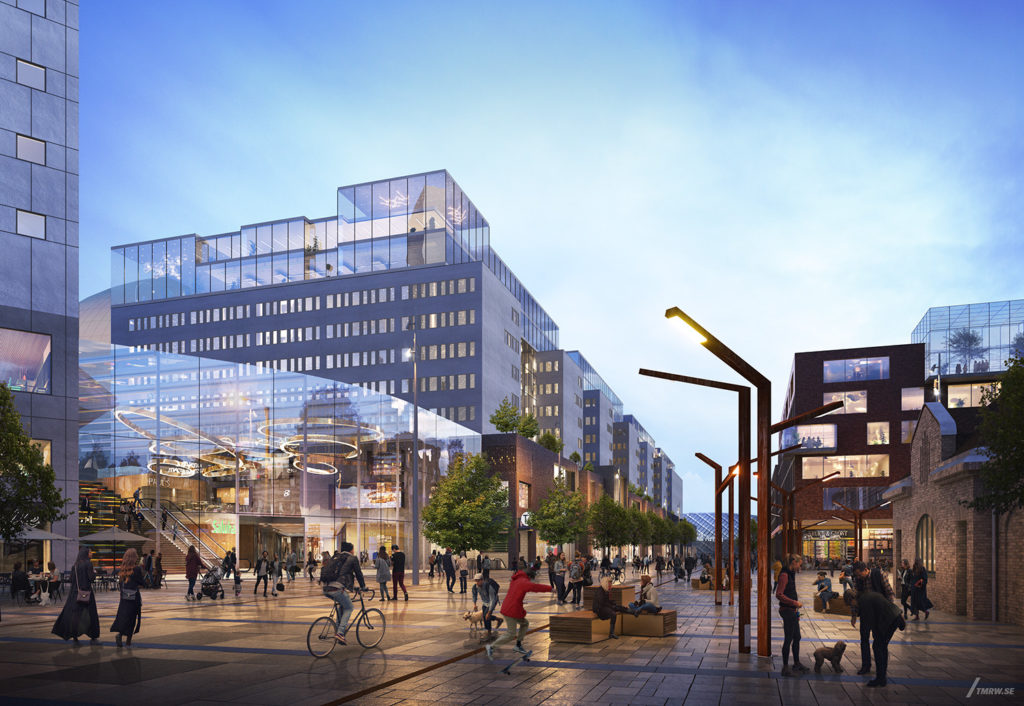 Vision picture of Söderstaden’s hub, the new Globen Shopping links the Arena area and the Slakthus area.